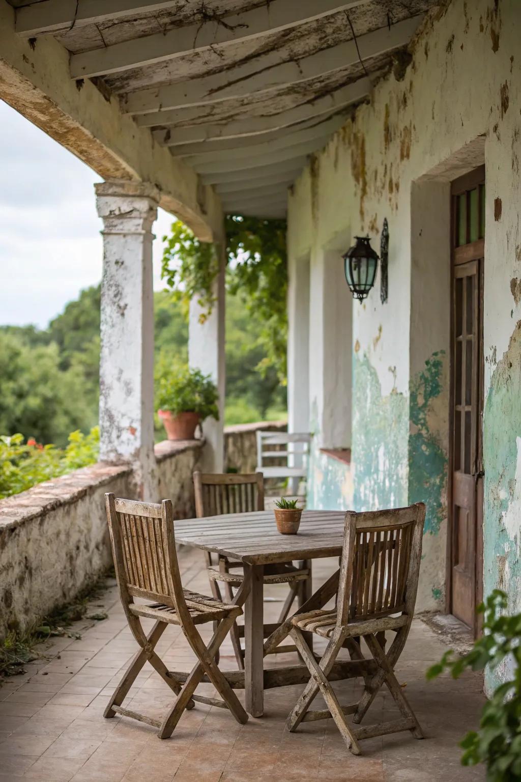 Distressed finishes add rustic charm to your patio.