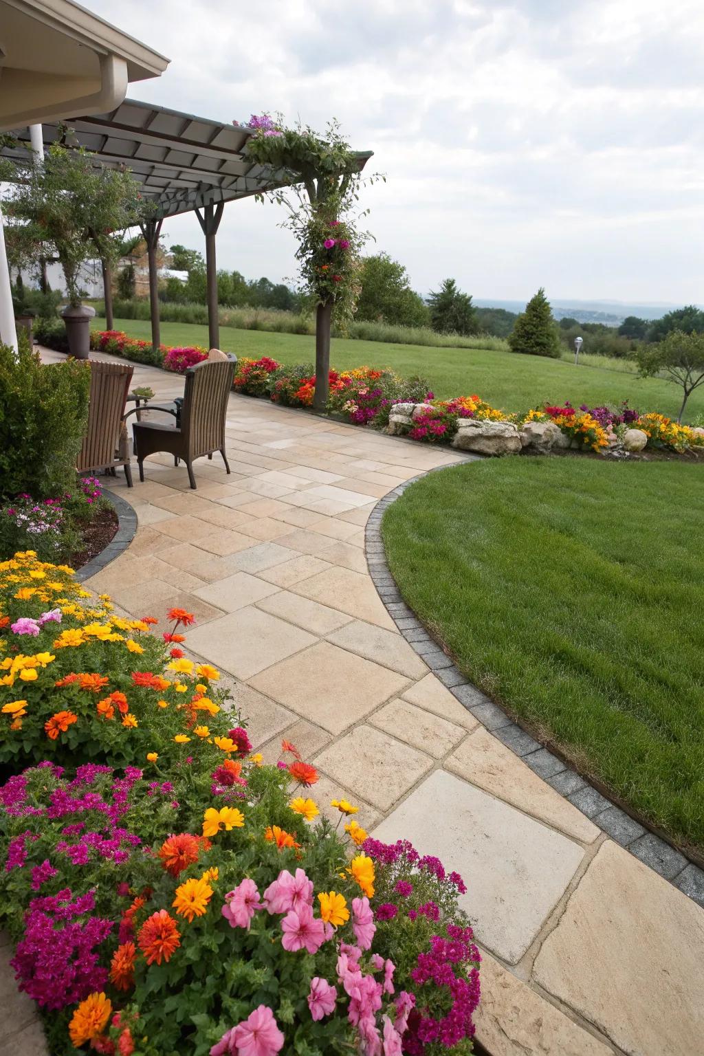 Flower borders bring color and fragrance to patio edges.