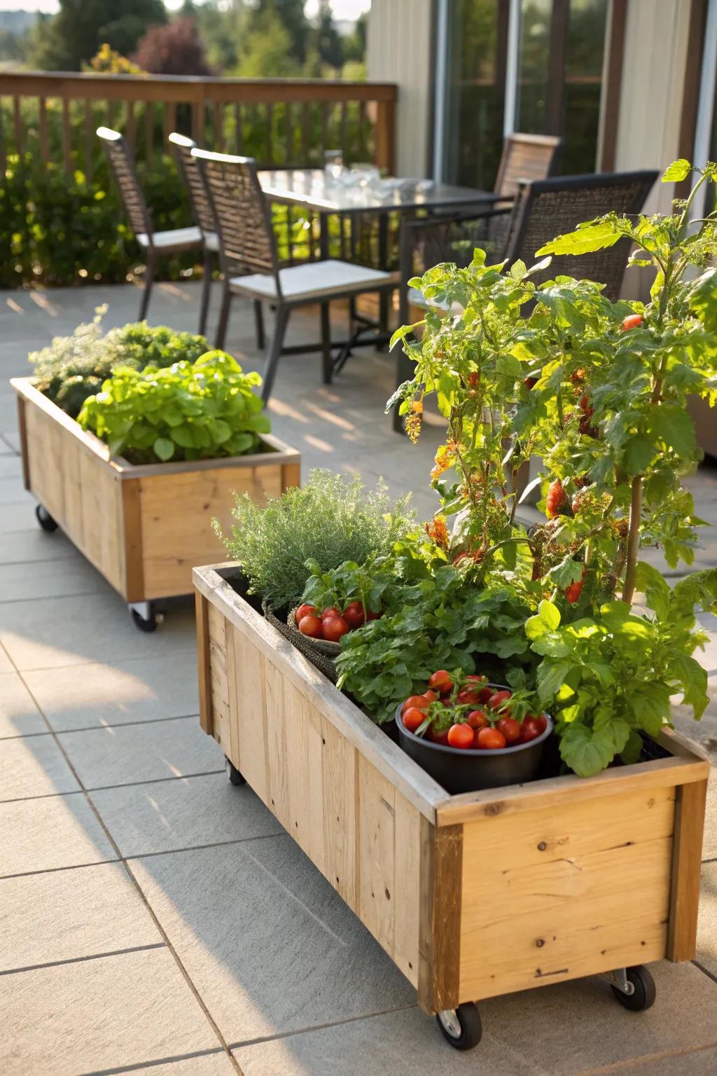 Mobile planter boxes allow for optimal sunlight exposure and easy rearrangement.