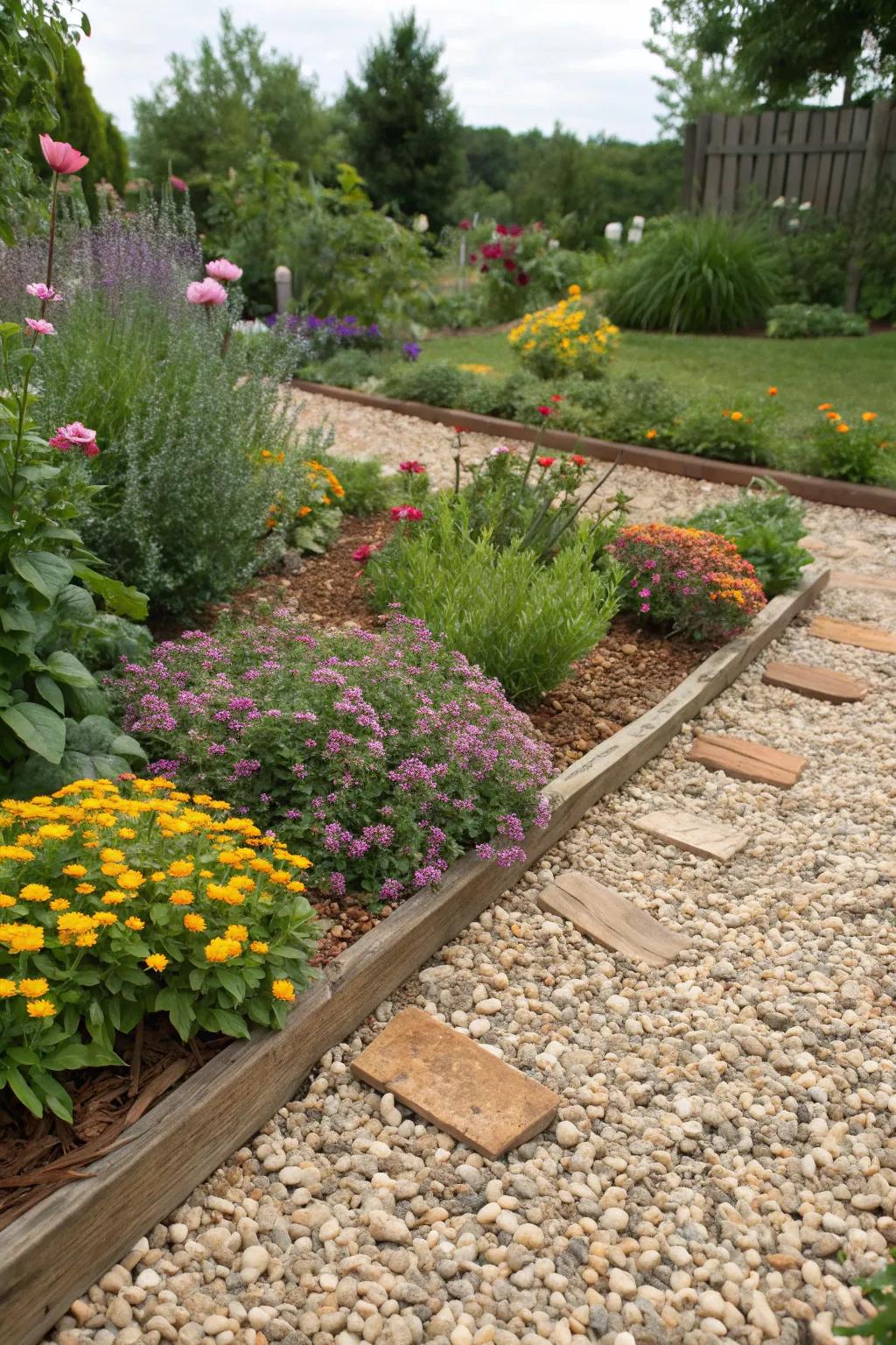 Lush garden beds enhanced by the contrast of gravel and mulch.