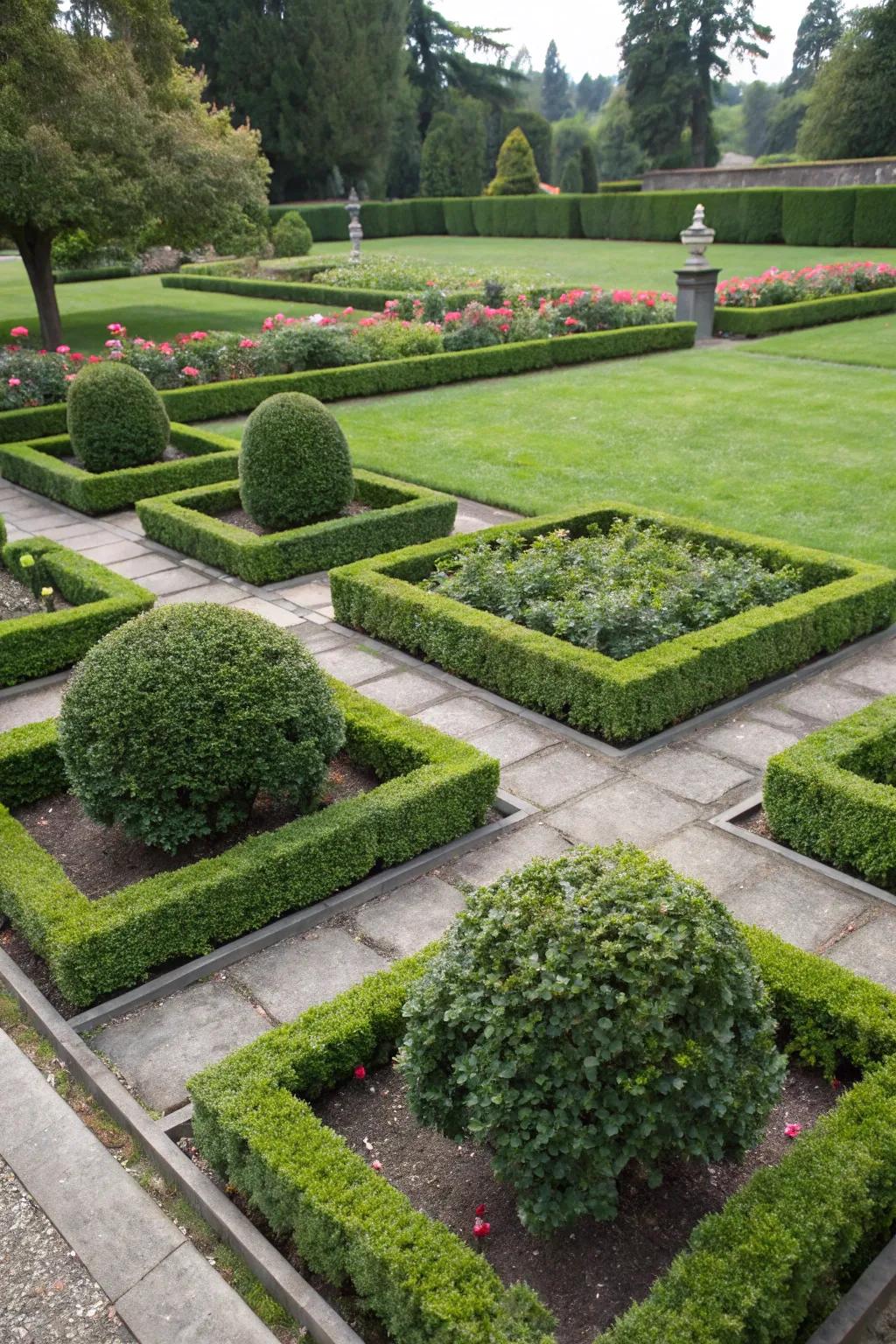 Symmetrical planting infuses the garden with order.