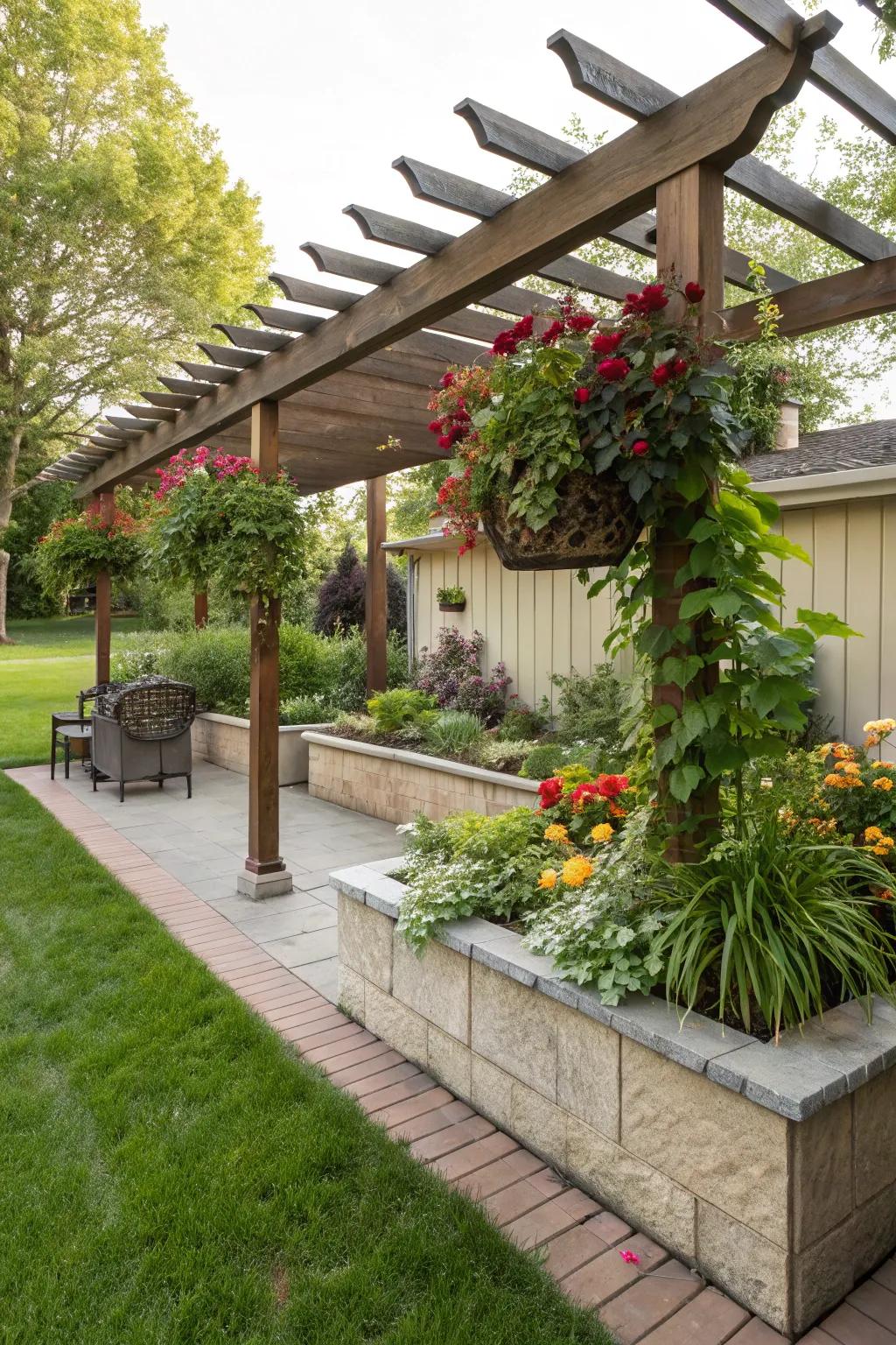 Integrate planters into your shade for a lush, green touch.