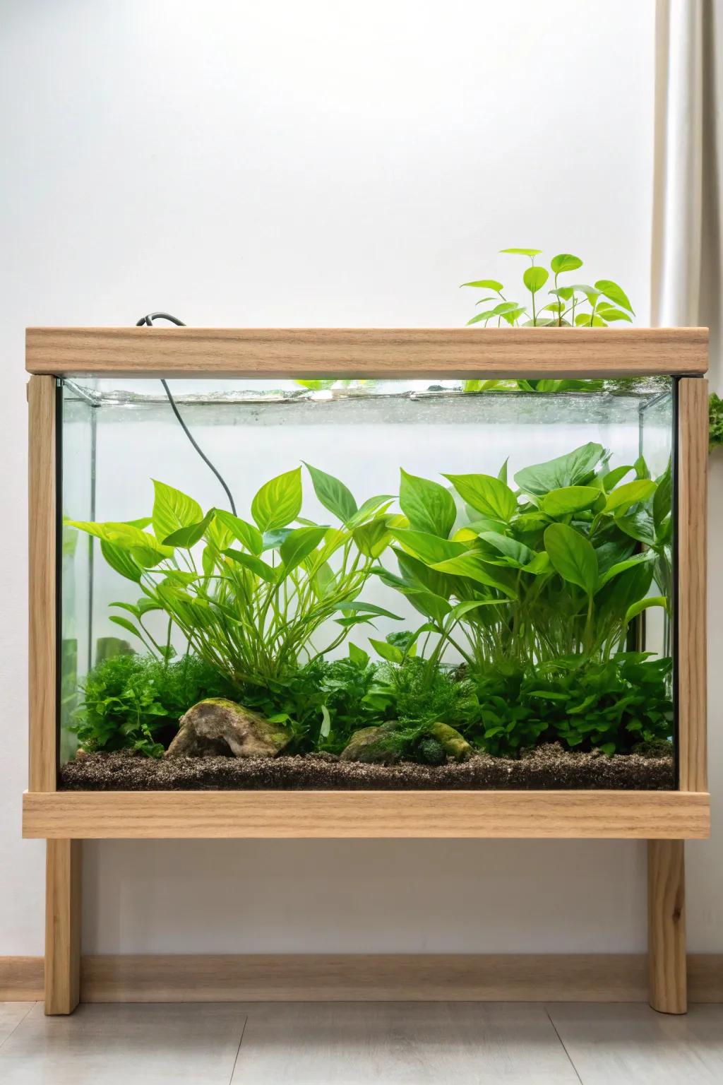 Elevate your goldfish tank with a stunning Anubias plant wall for a perfect blend of minimalist and Boho charm.