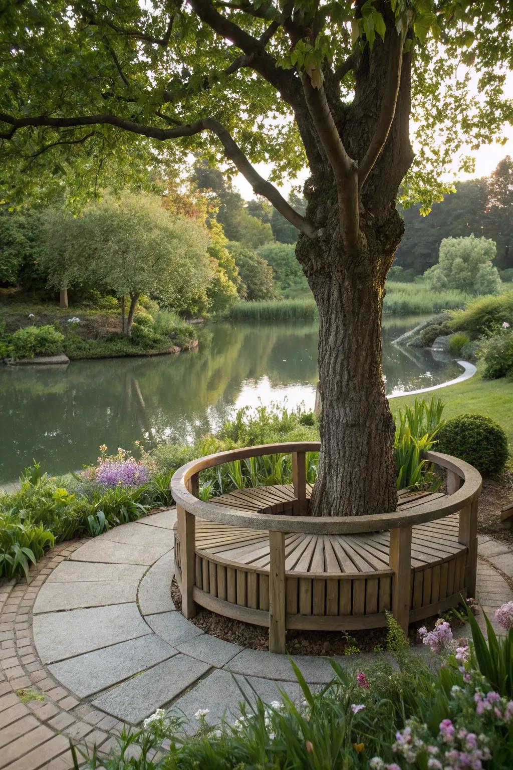 A circular tree bench offers shaded seating with a natural touch.