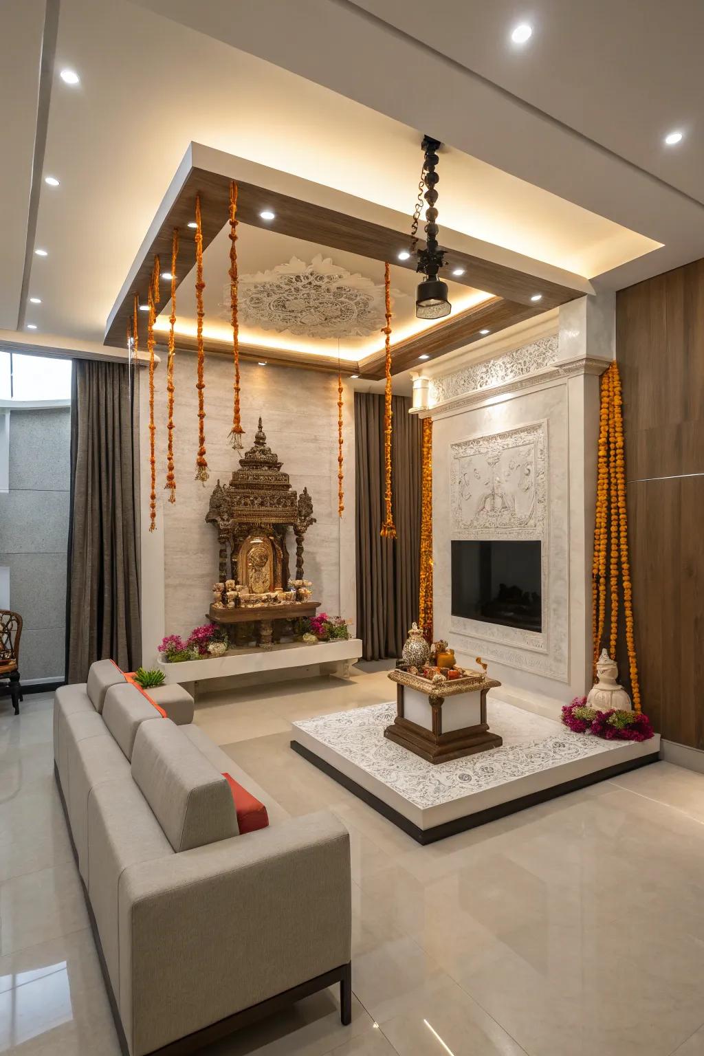 Floating mandir setup for a modern and space-saving design.