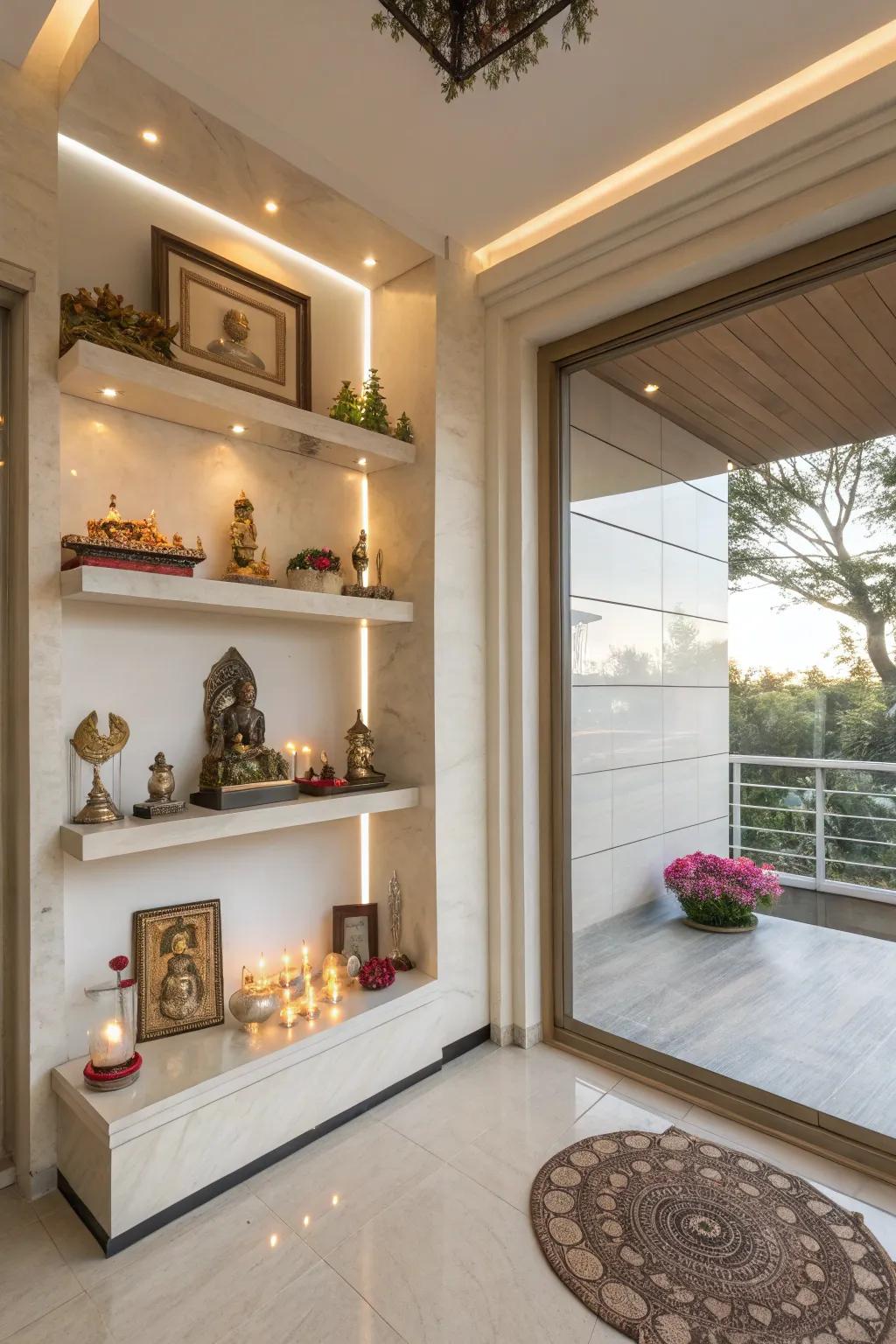 Hanging shelves keep this pooja room sorted and spacious.