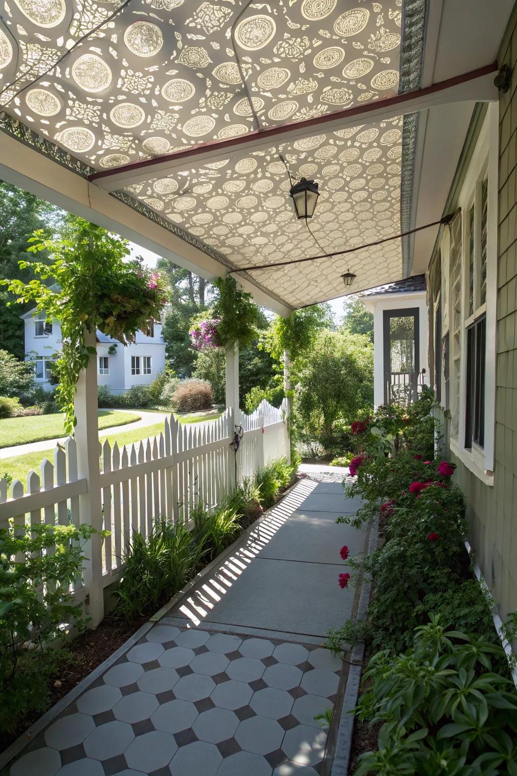 A porch extension with a unique and creative canopy.