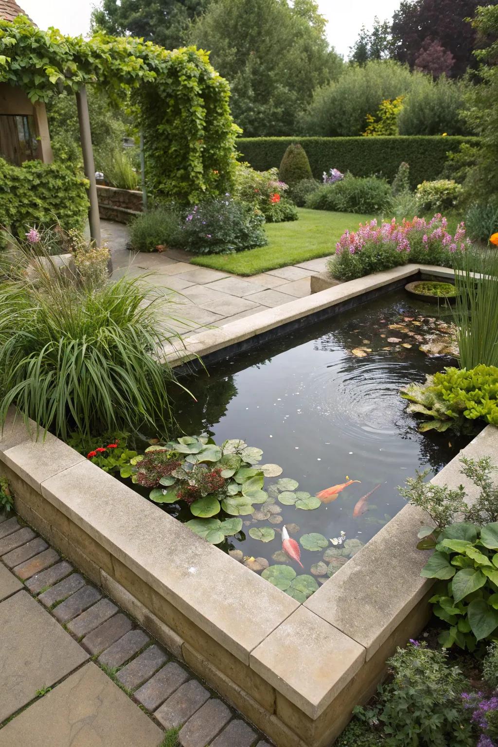 A vibrant nook blueprint for an elevated koi pond.