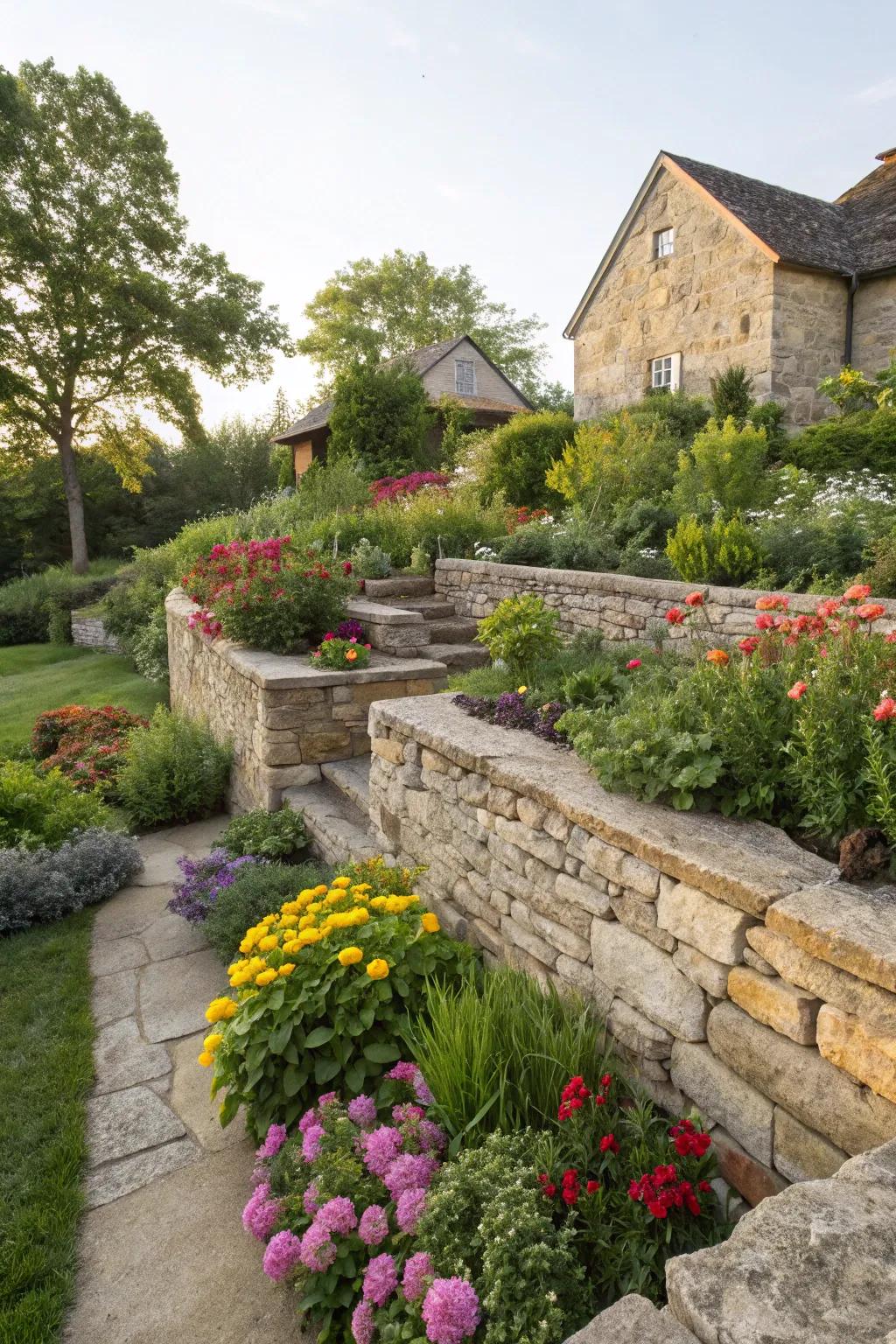 Rustic stone walls adding charm and texture to a raised ranch garden.