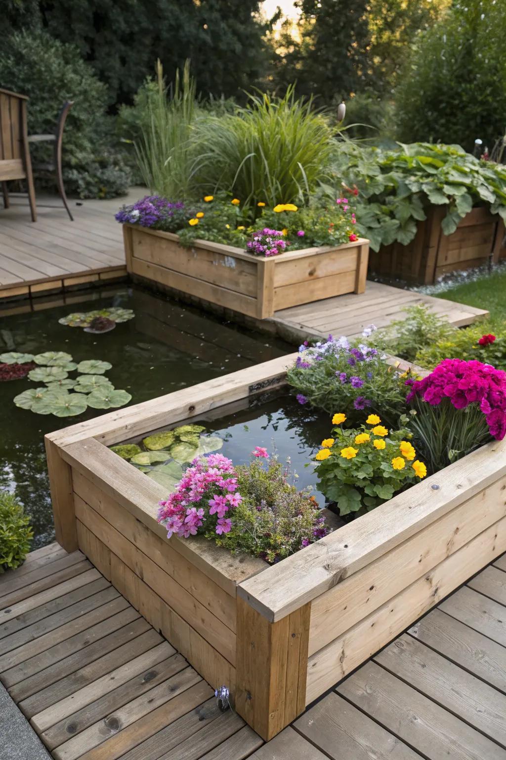 Suspended plant pots inject color and motion to your pond.