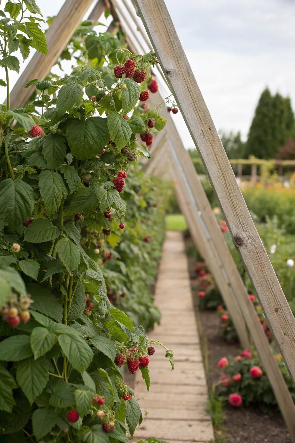 An A-frame trellis allows easy berry access and adds garden charm.