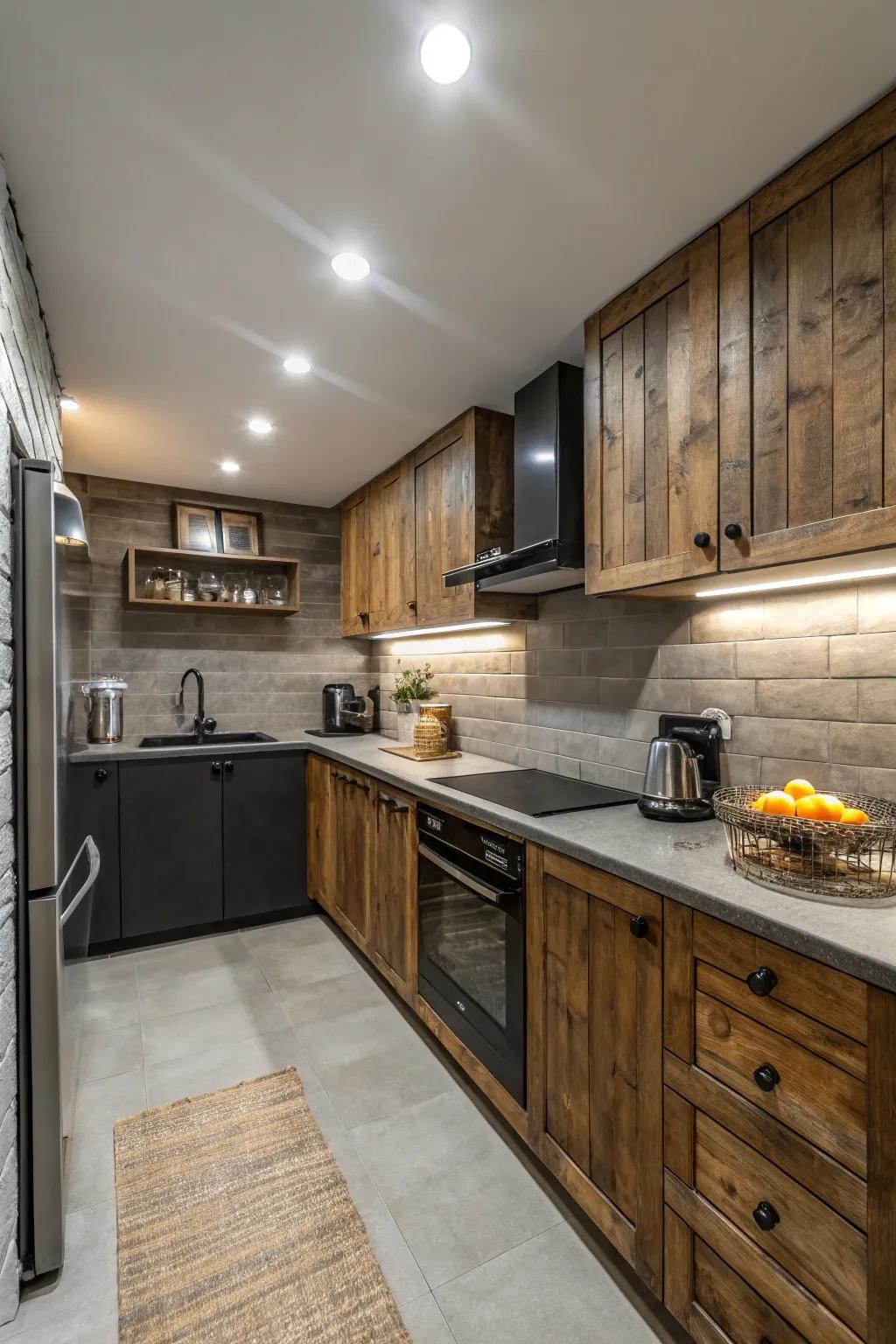 Contrast and lighting add depth to the kitchen design.