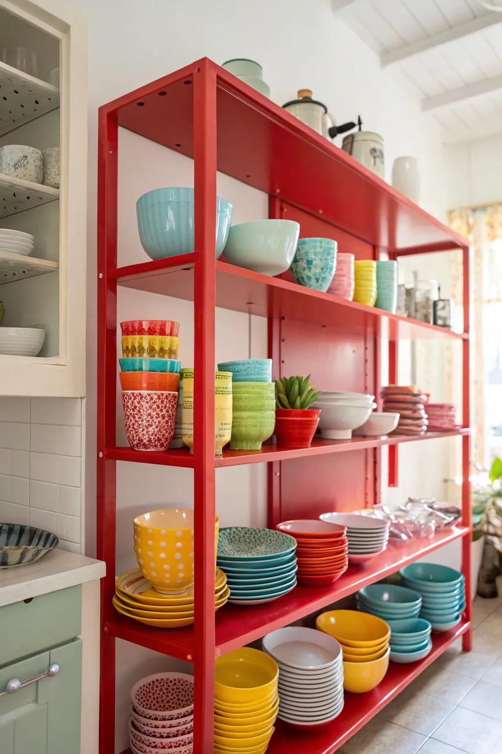 Red open shelving adds vibrant color and practical storage to this kitchen.