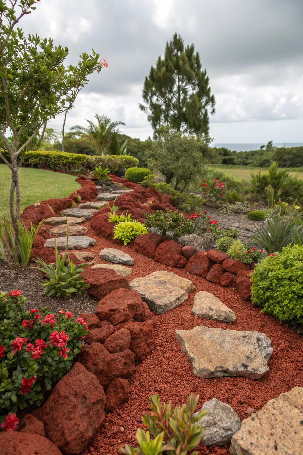 Artistic arrangements of red lava rocks add a creative touch to the garden.