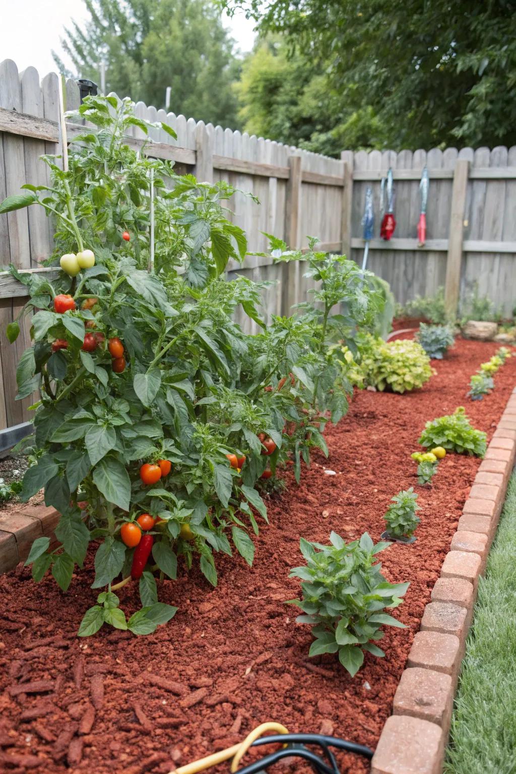Red mulch elevates vegetable gardens, promoting healthy plant growth.