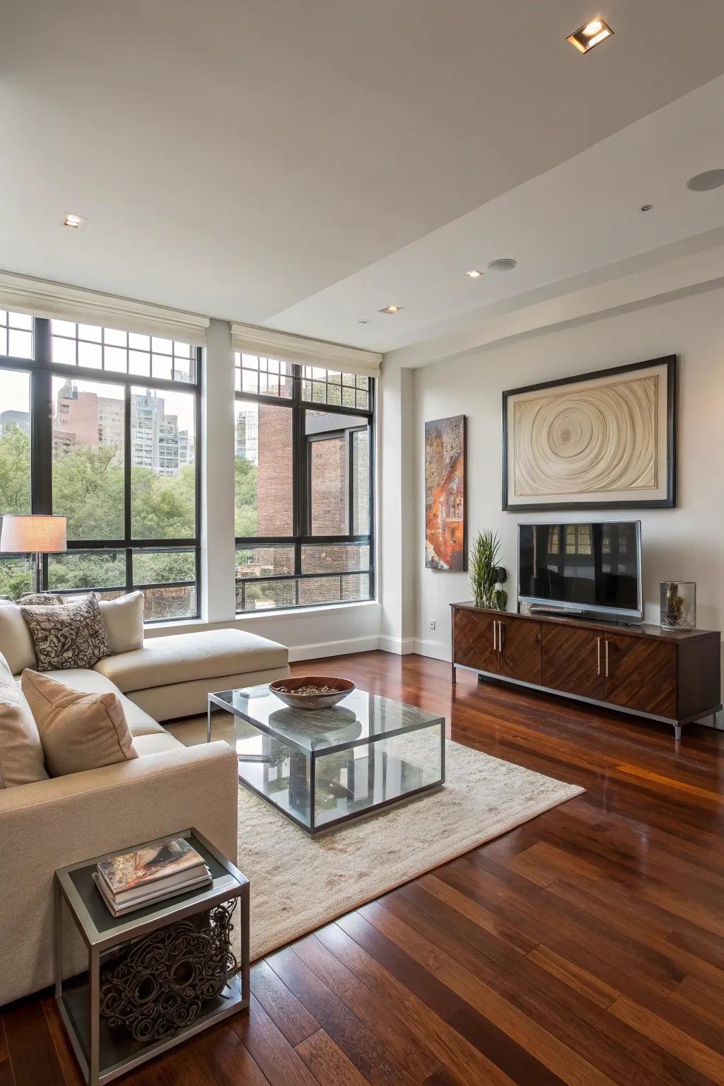 A sleek living room that’s showing off some polished hardwood floors.