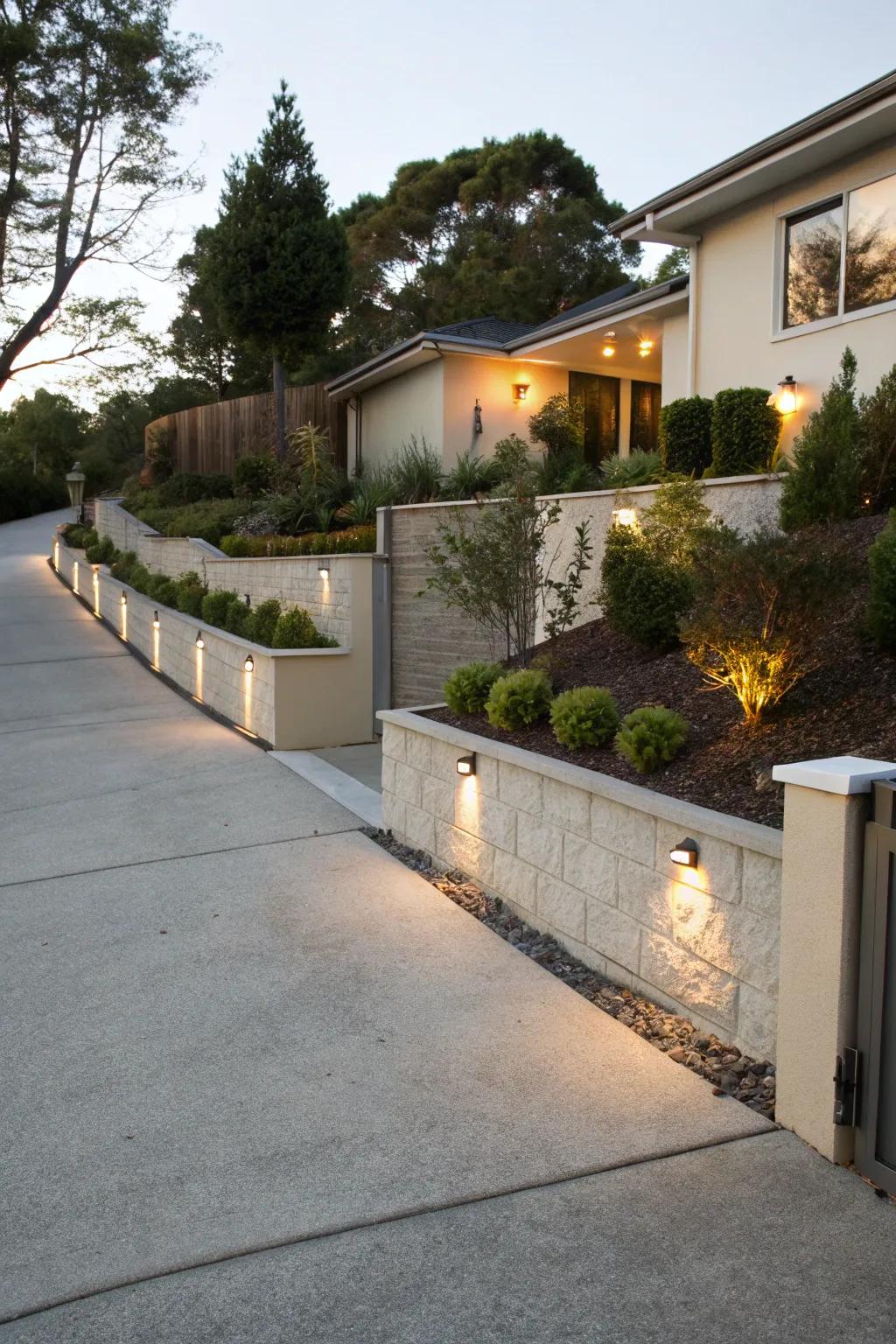 A residential driveway elegantly framed by supporting structures, boosting curb appeal.