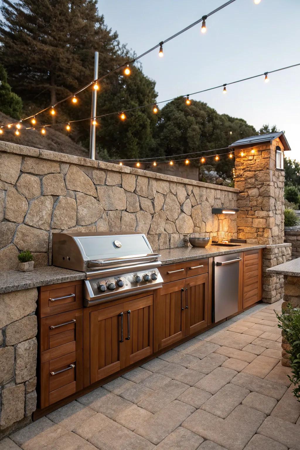 Revamp your backyard into a stylish social epicentre, showcasing a beautifully designed open-air eatery framed by a rustic retaining wall.