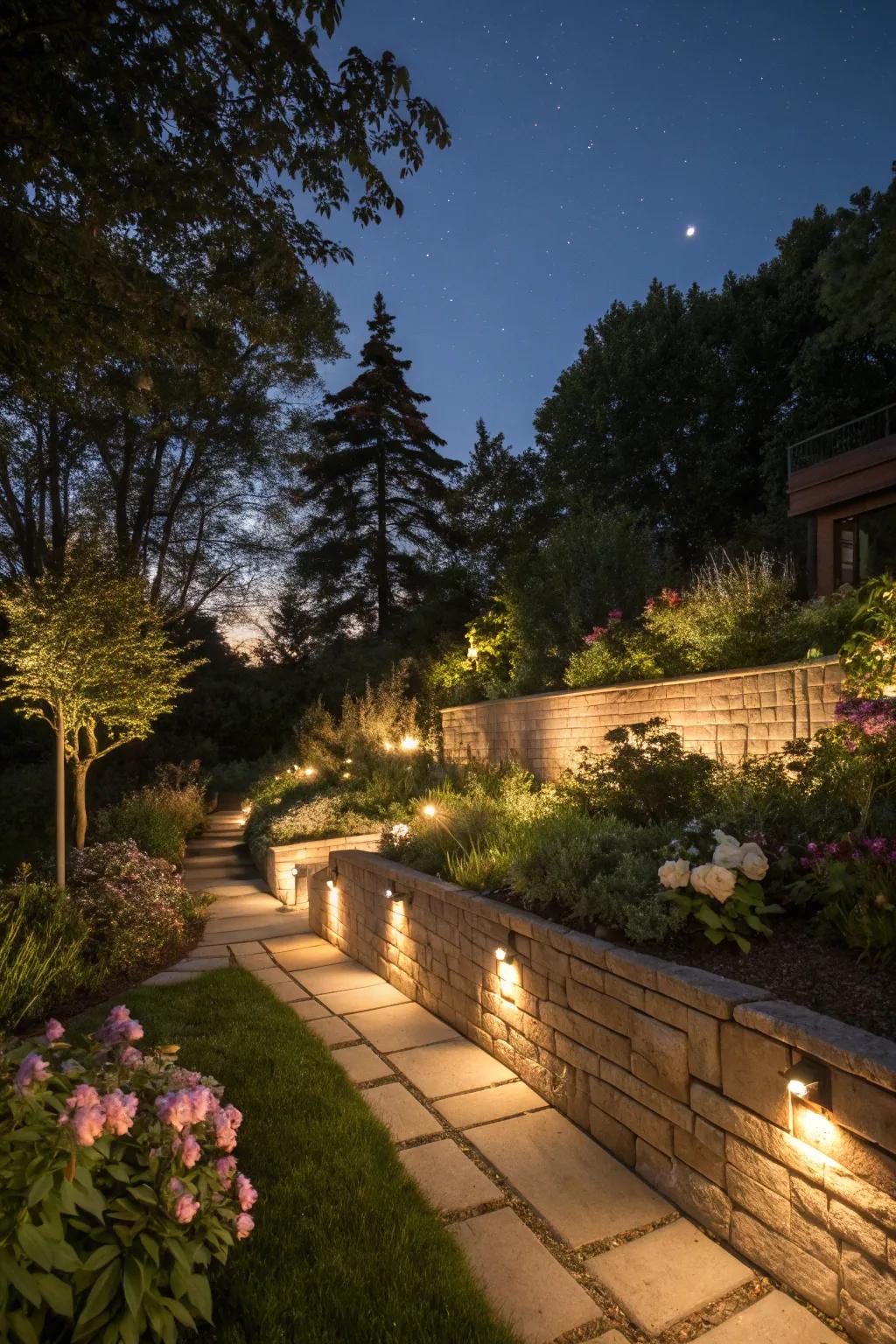 Illumination accents heighten the drama and security of retaining walls.