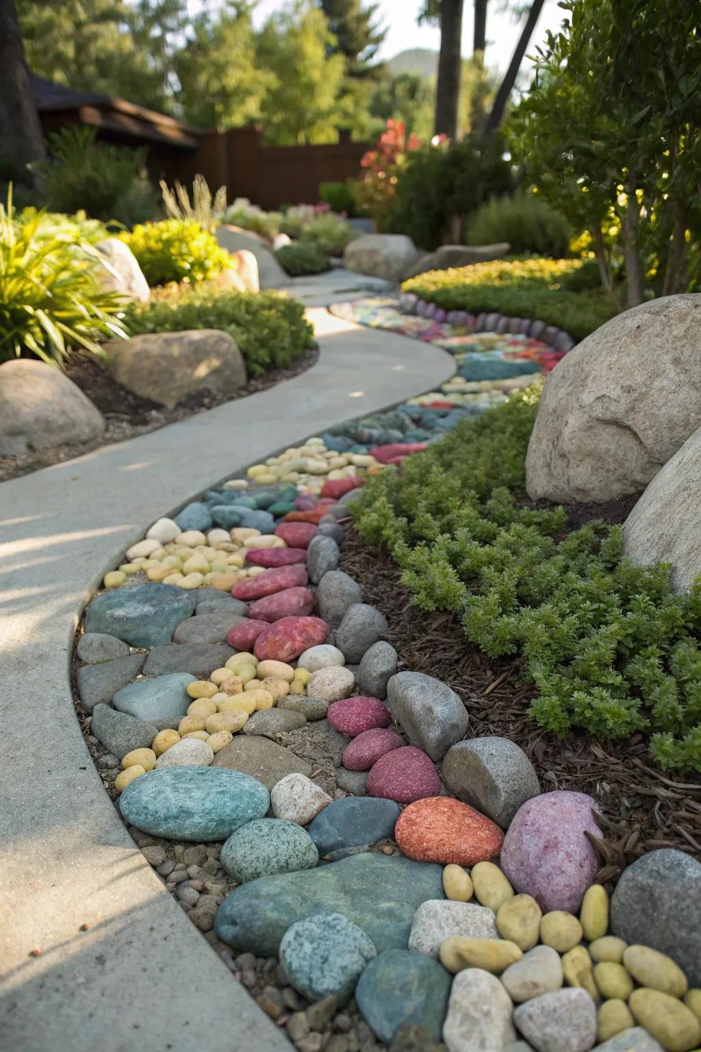 A colorful arrangement of stream stones introduces visual interest to this garden setting.