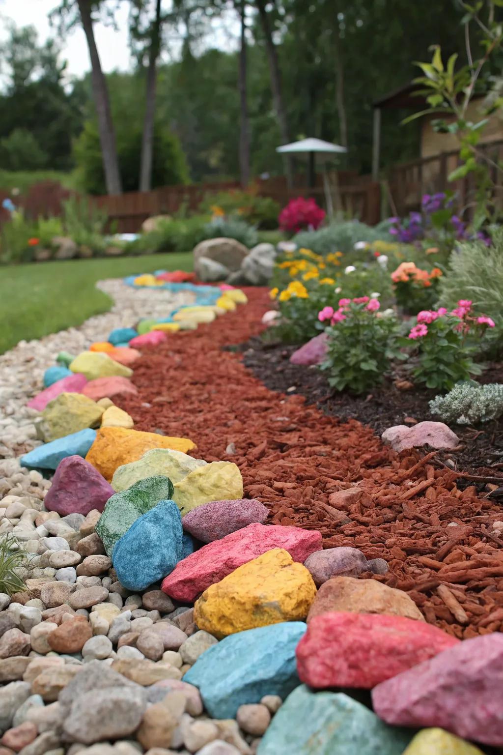 Colorful rocks bring vibrancy and personality to the garden.