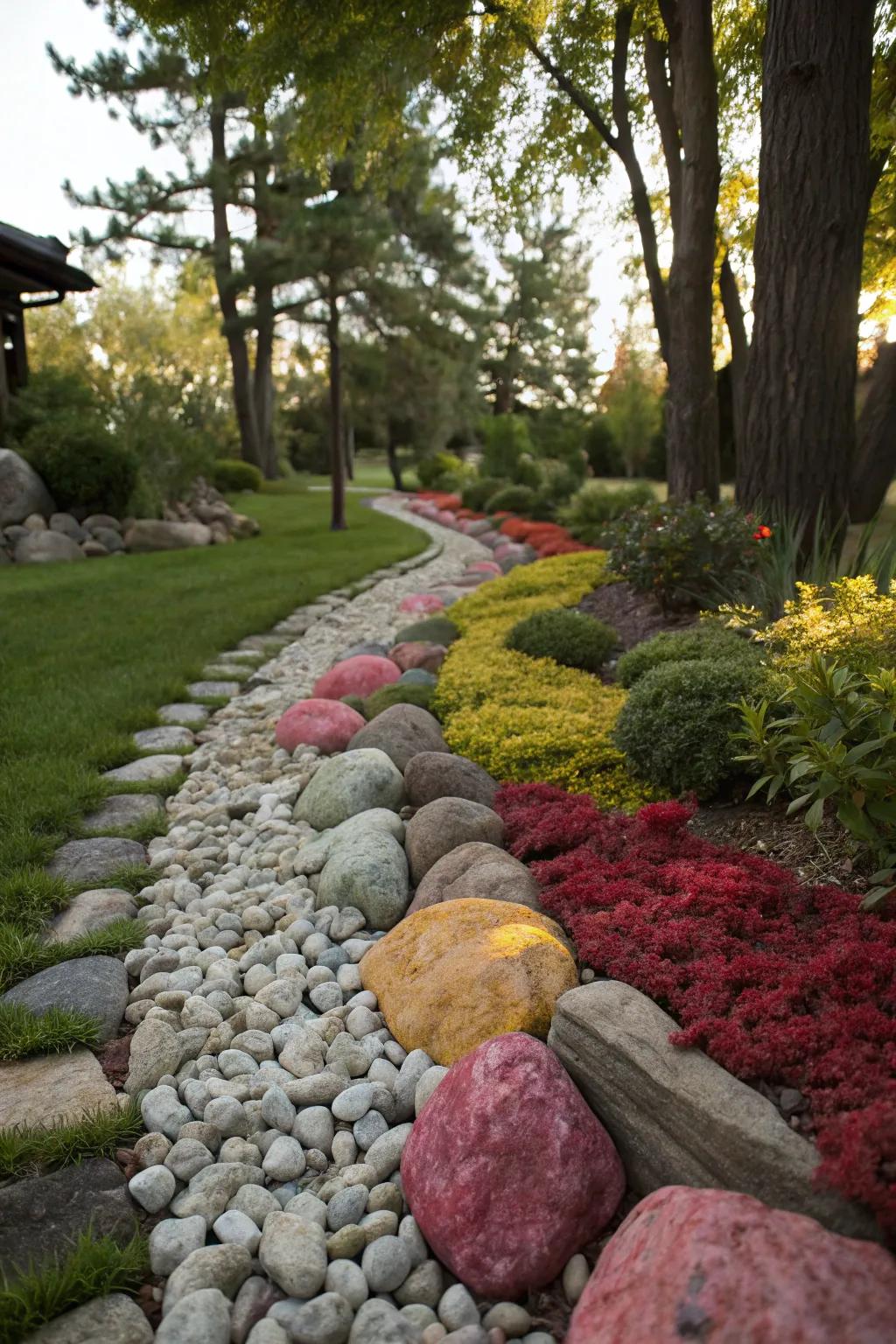 Contrasting stone hues making a garden border stand out beautifully.