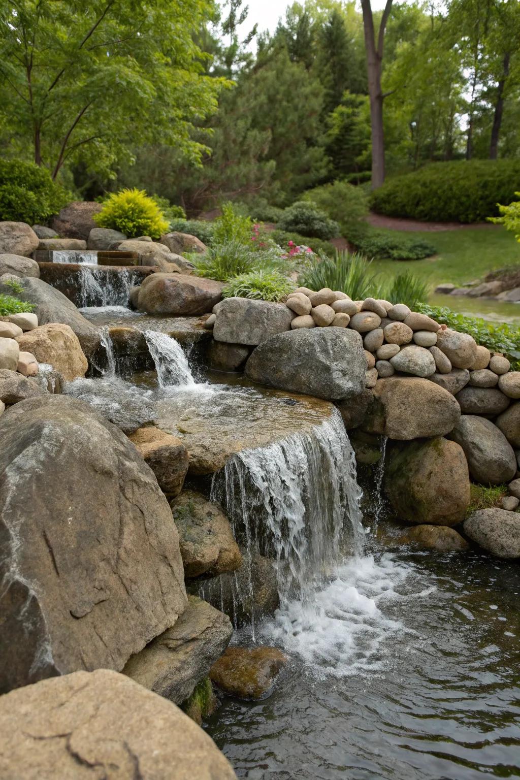 The beauty of having a water cascade in the rock garden.
