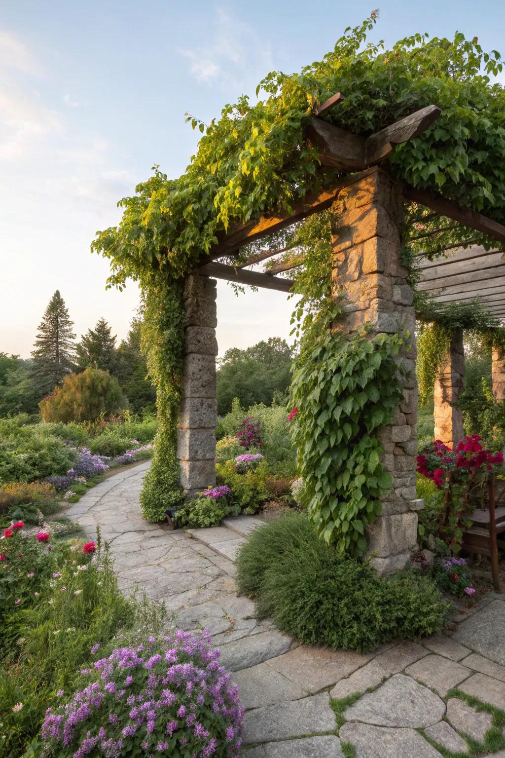 A rock pergola offers shade and supports vibrant greenery.