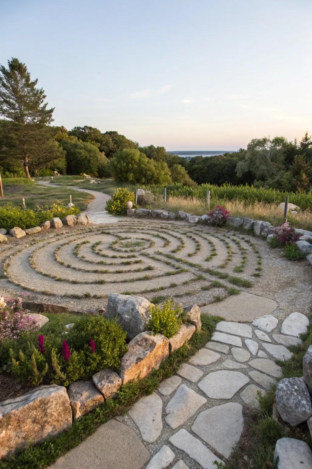 An intricate stone labyrinth providing a peaceful garden retreat.
