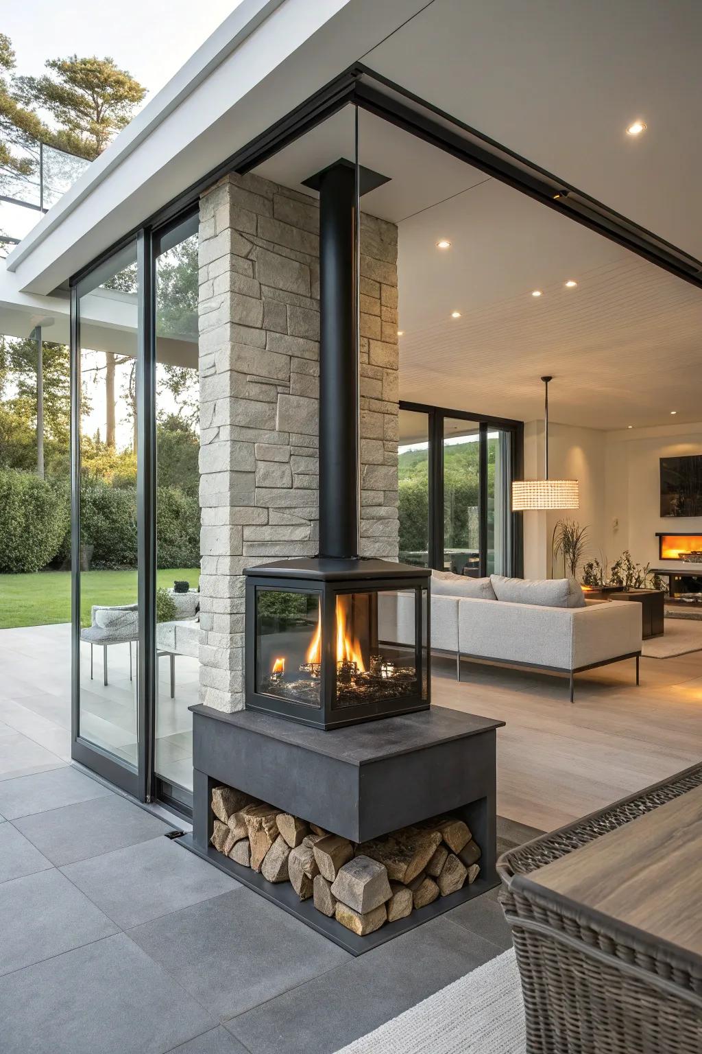 Glass-enclosed fireplaces maintain openness and elegance in any room.