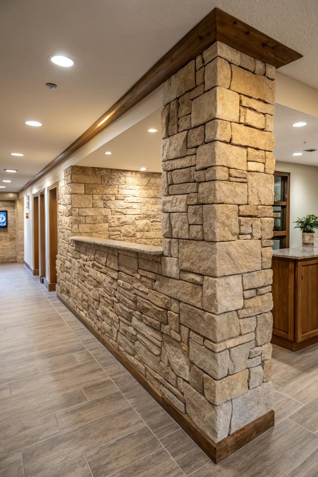 An interior room with a textured stone half wall providing depth and interest.