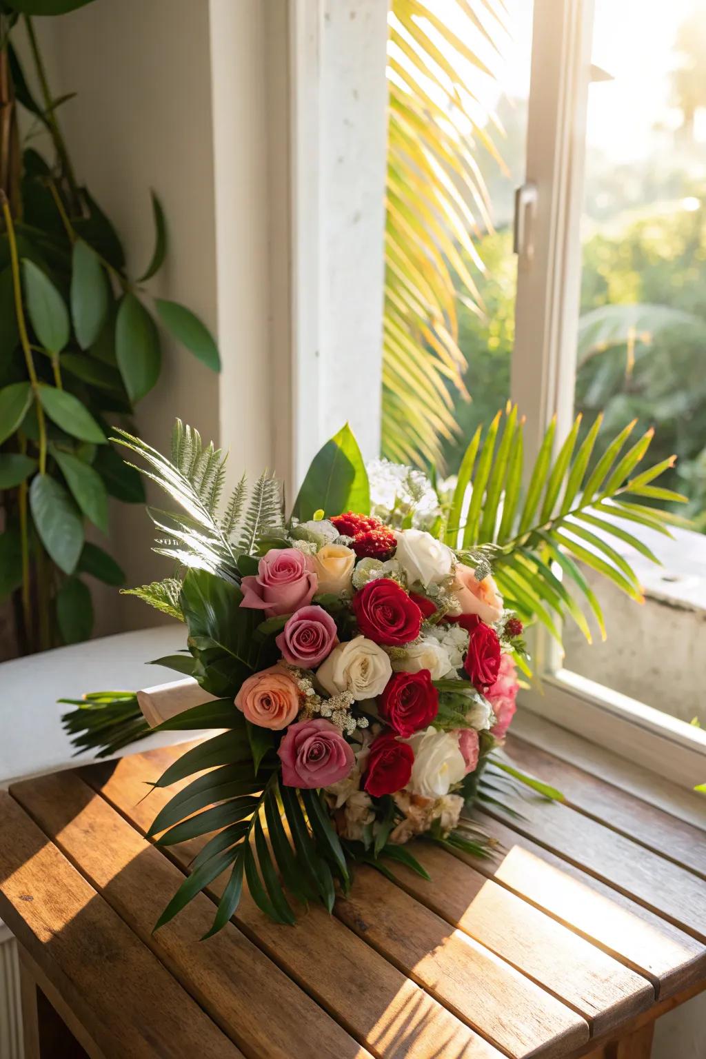Tropical twist with roses and lush greenery.