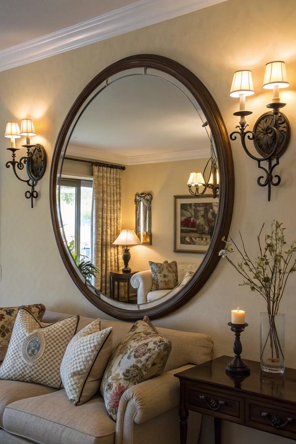 Lighting amplifies the allure of a circular mirror in a living room.