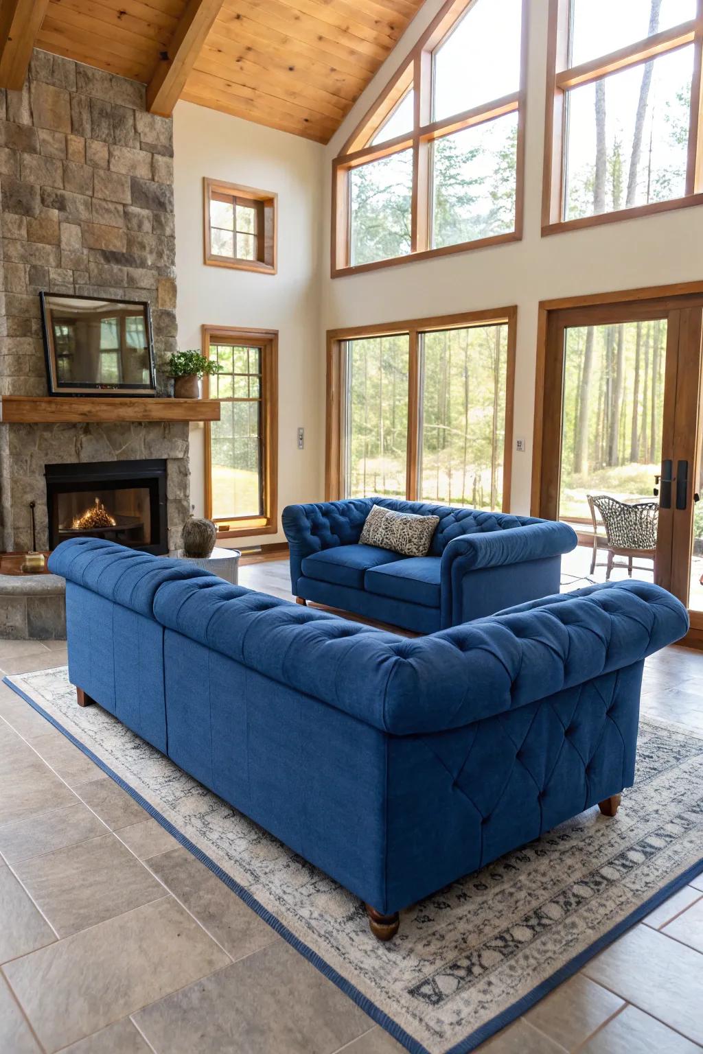An unrestricted layout with the cobalt settee as a focal point amplifies the room's spacious impression.