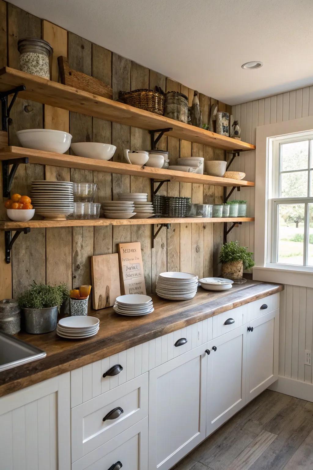 Visible shelving enhances the countryside charm of the kitchen.