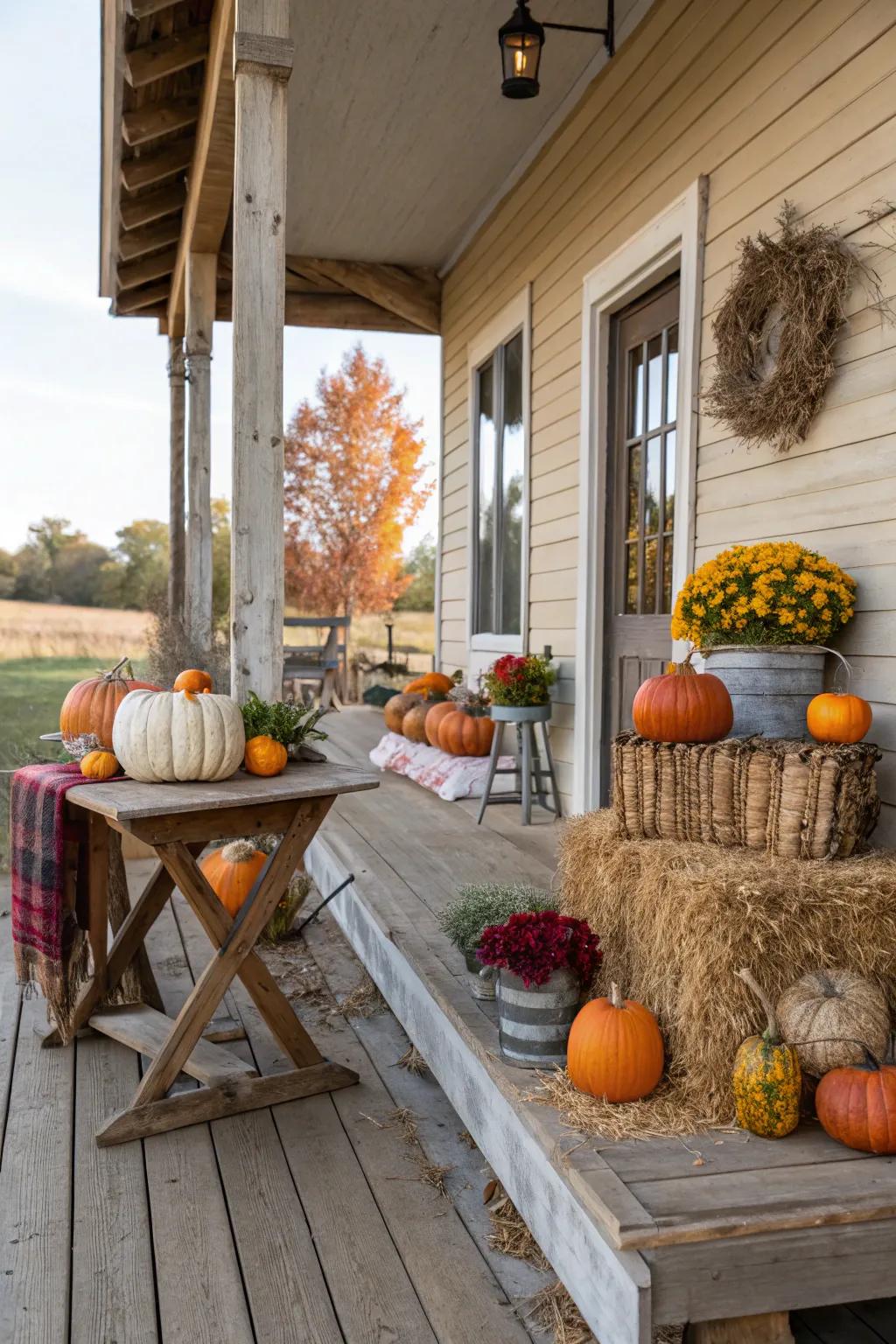 A rustic table serves as a focal point on this farmhouse porch.