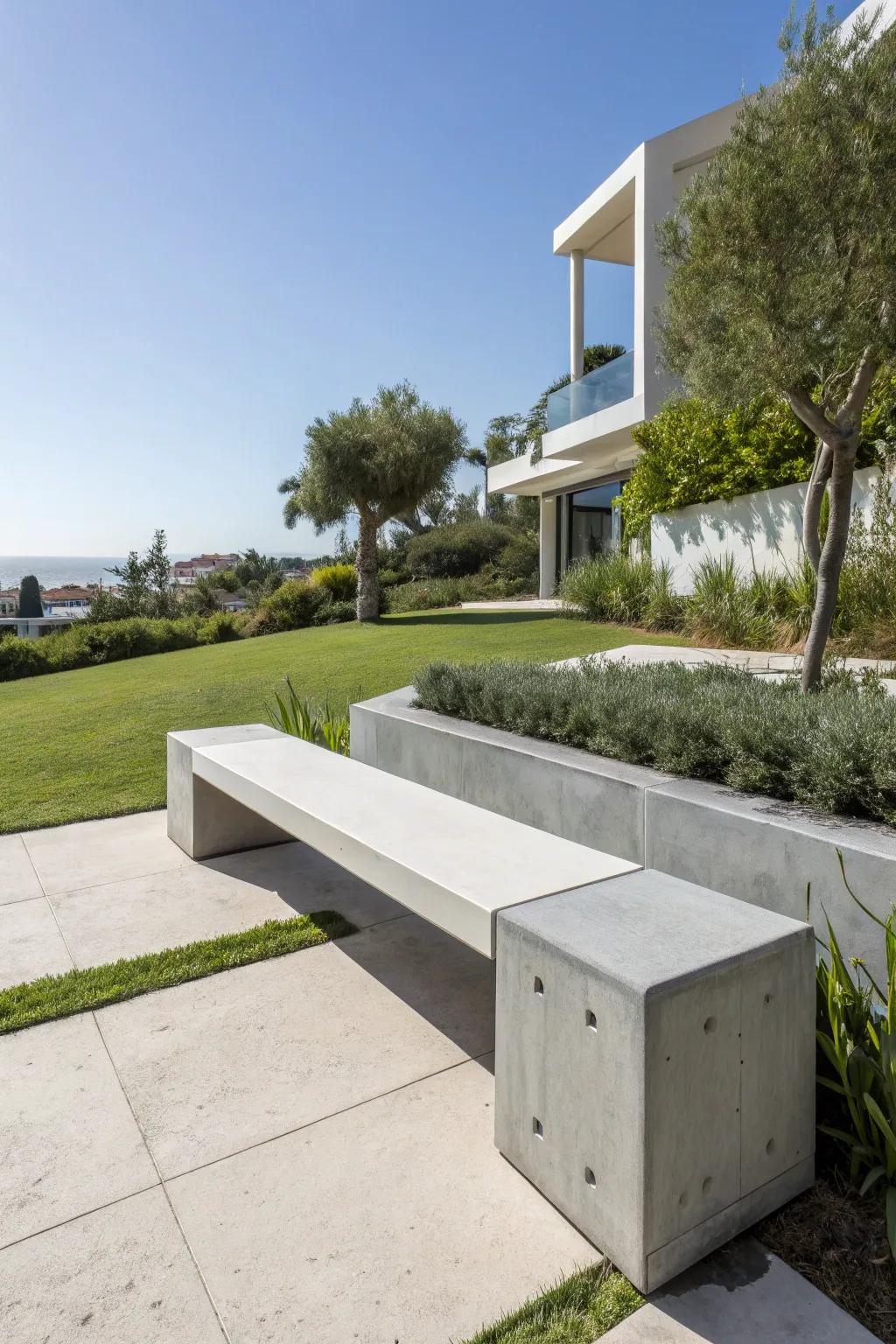 An industrial concrete bench imparting a modern garden touch.