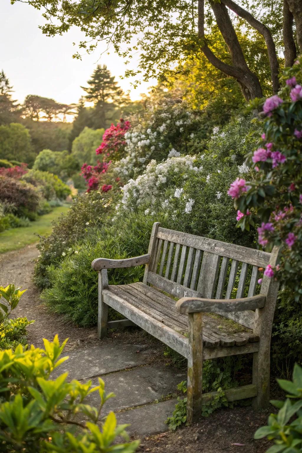 A rustic bench invites relaxation in a garden setting.