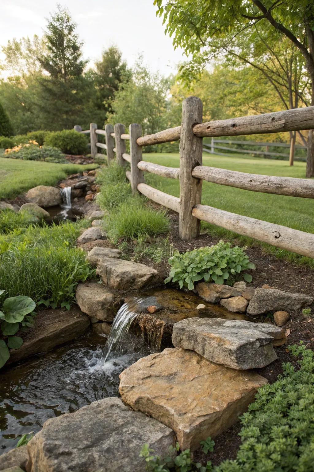 A log fence elegantly integrates a water feature, heightening the garden's peacefulness.