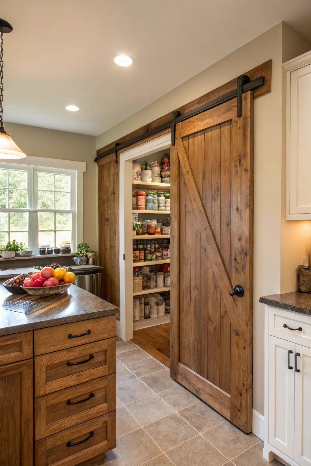Sliding barn doors add both style and functionality to the kitchen.