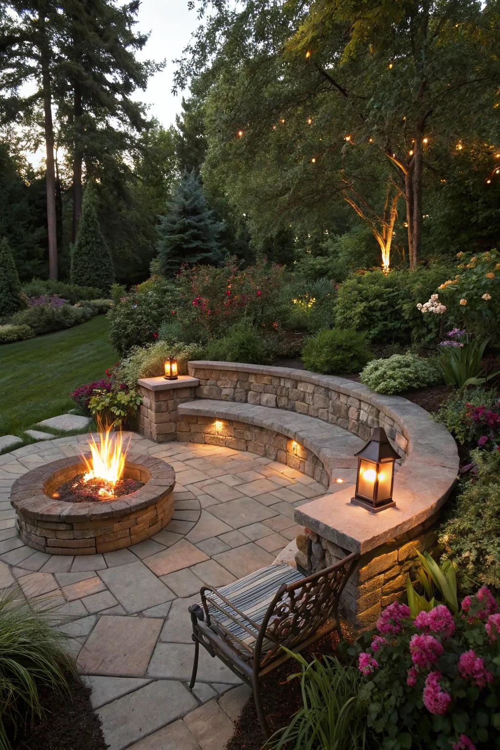 A stone bench adds elegance and functionality to your fire pit.