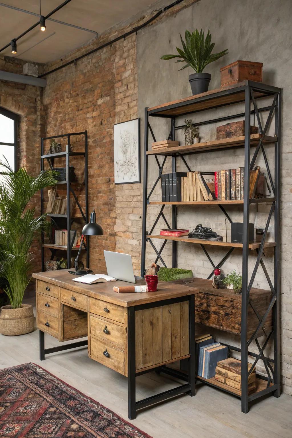 Industrial shelving provides style and function in a rustic office.