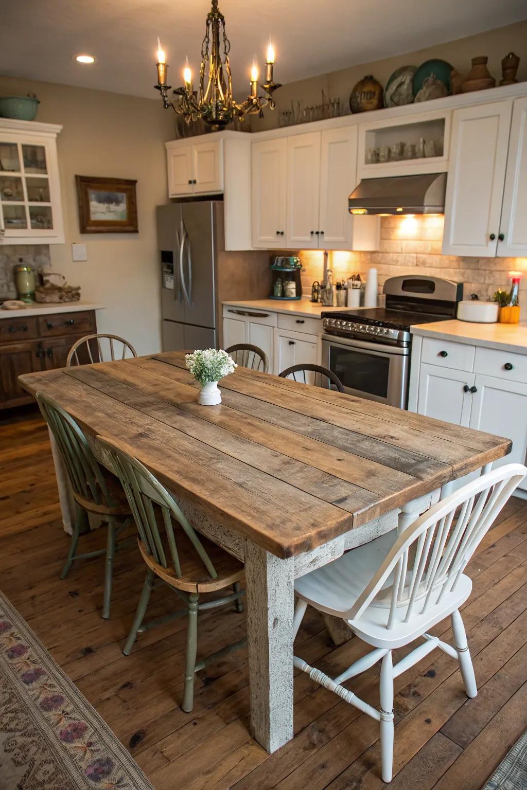 A repurposed timber table introduces history and coziness to a farmhouse kitchen.