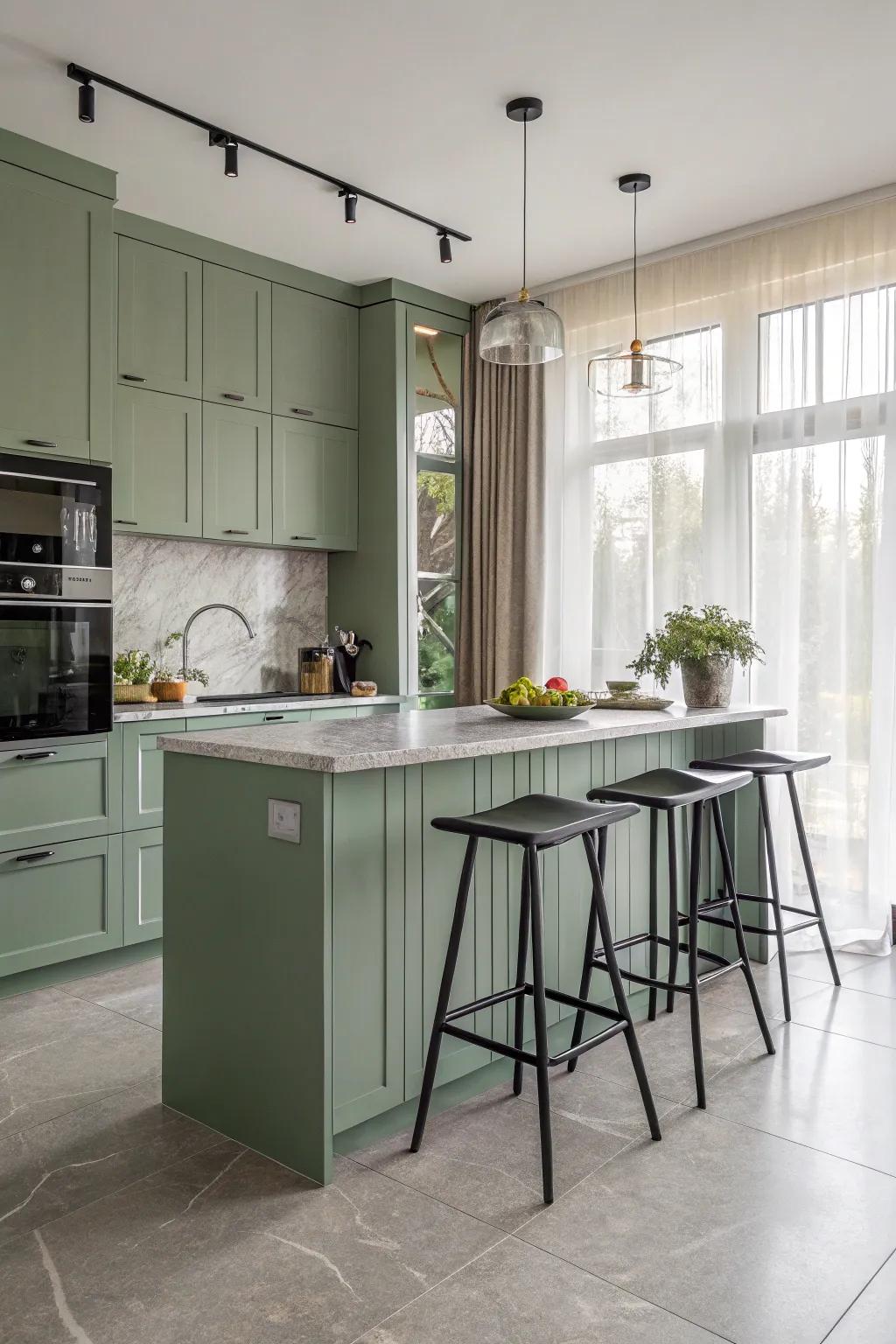 Manufacturing touches add edge to the soft verdant kitchen.