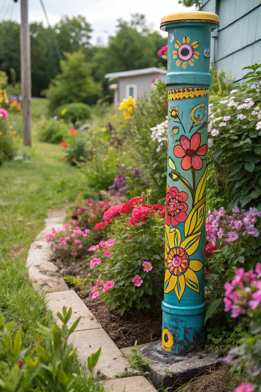 A custom paint job turns a septic pipe into a piece of outdoor art.