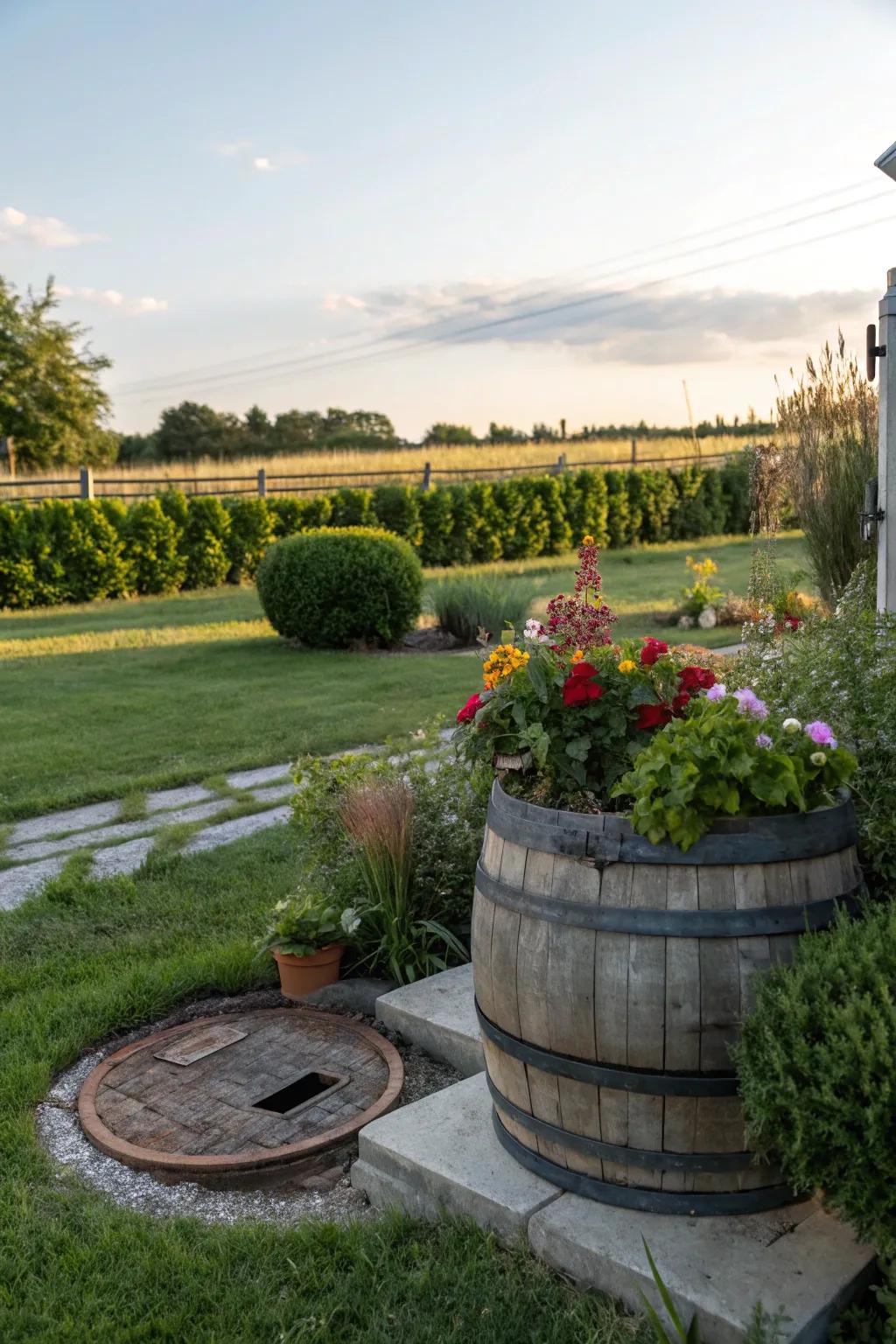 Wine barrels contribute a rustic charm to gardens.