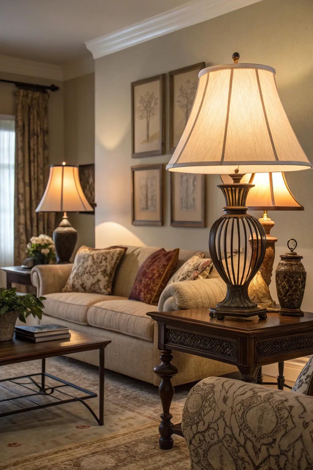 Layered lighting enhances the room's ambiance and warmth.