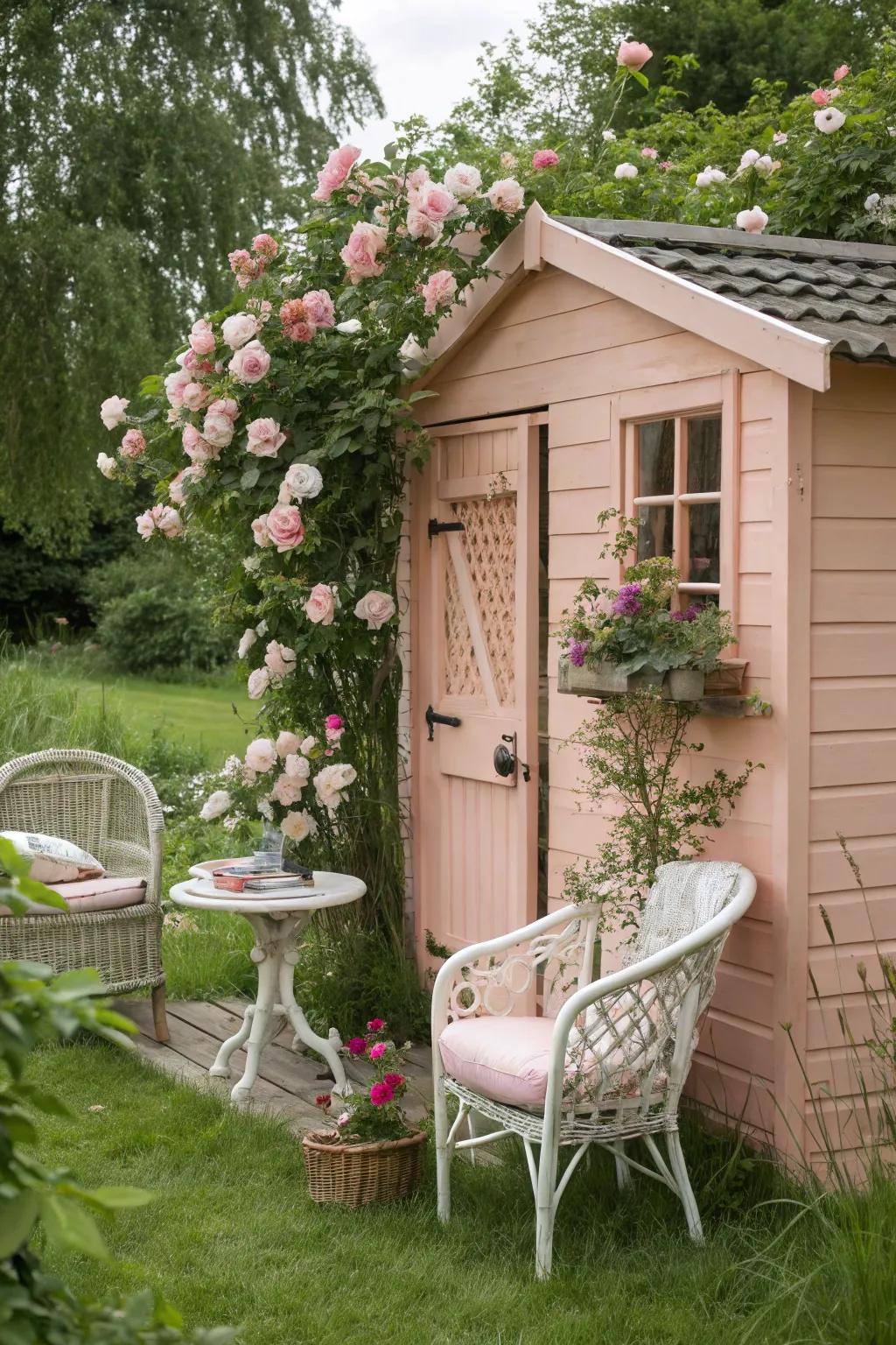 Peachy pink sheds evoke a romantic and intimate garden setting.