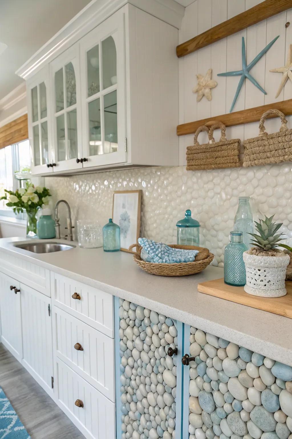 Pebbles create a playful, natural texture in this coastal-themed kitchen.