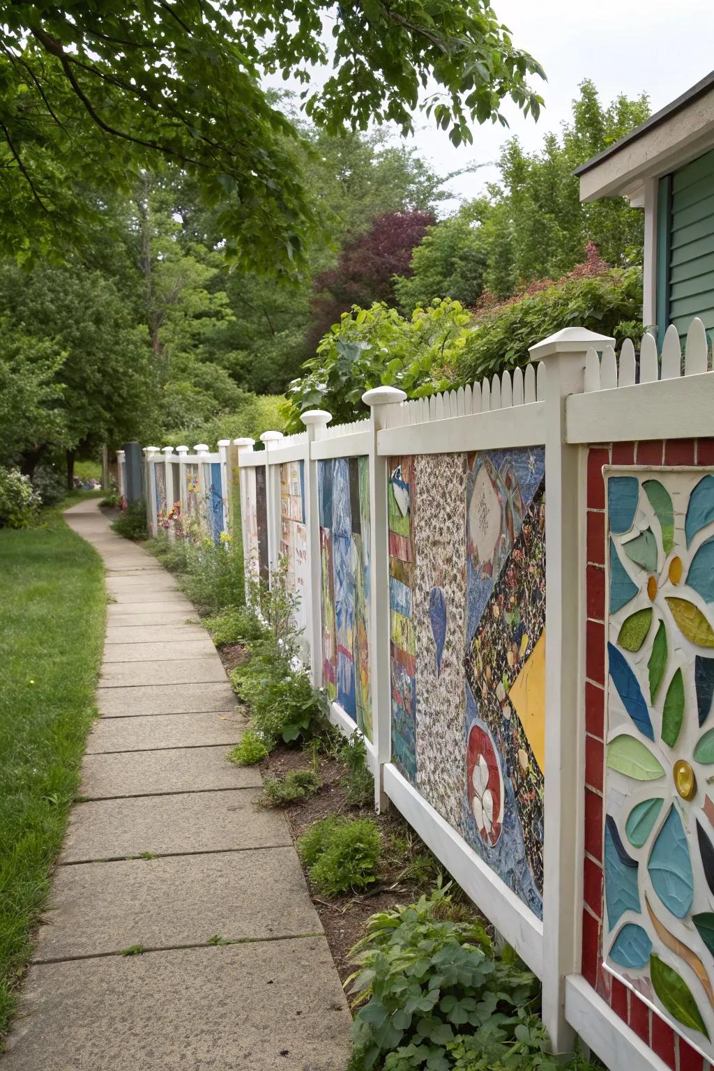Colorful side yard with mosaic tile fence.